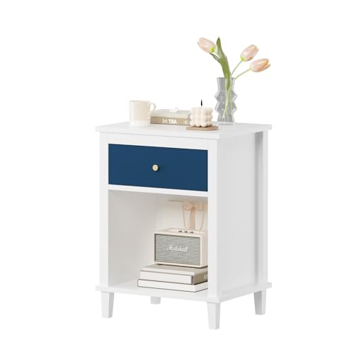 Modern Navy Nightstand with Drawer and Storage Shelf for Bedroom