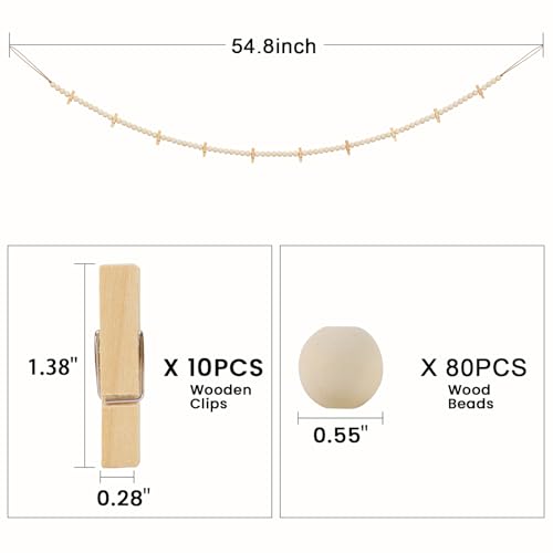 Bohemian Wood Bead Photo Display Garland with 10 Clips, 54.8-inch Wall Decor