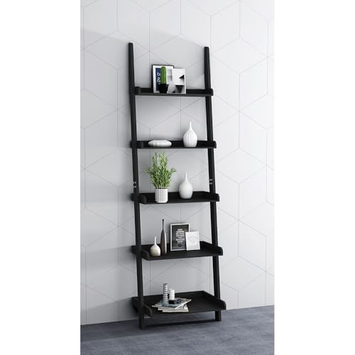 5-Tier Leaning Wall Ladder Bookshelf, 70-Inch Black Storage Organizer