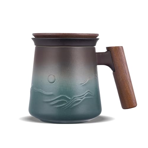 ZENS Blue Mountain 14.5oz Tea Mug with Infuser, Lid & Wooden Handle - Handcrafted Ceramic Steeper