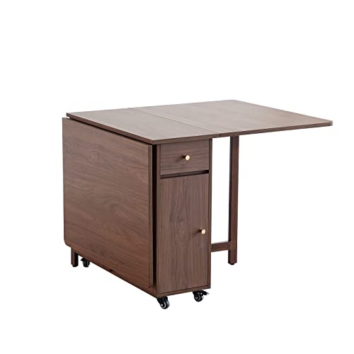Drop Leaf Folding Dining Table with Storage and Wheels, Walnut