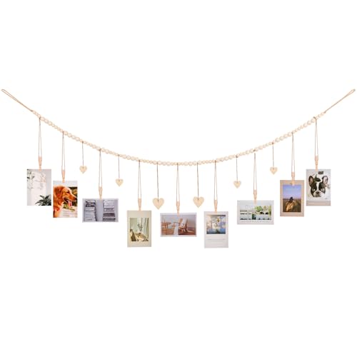 Boho Wood Bead Hanging Photo Display with 9 Clips & Heart Tags