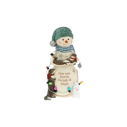 Snuggly & Bright Snowman Figurine with Otters & Bunny - 5in Hand Painted Resin