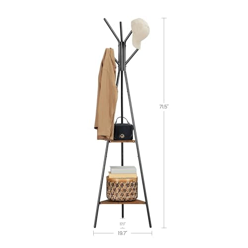 Freestanding Industrial Hall Tree with 6 Hooks and 2 Storage Shelves