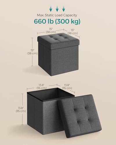 Foldable Storage Ottoman Cube - 15-Inch Tufted Footrest Stool, Dark Gray