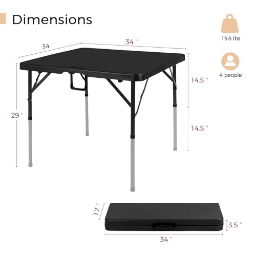 34-Inch Square Folding Card Table, Portable Adjustable Height Table
