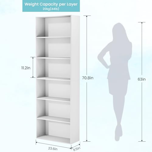 71-Inch 6-Tier Tall Open Bookshelf, Modern Display Bookcase for Home Office