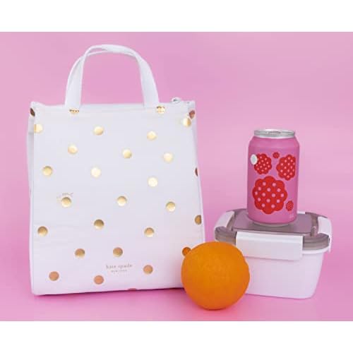 Kate Spade New York Portable Soft Cooler Lunch Bag, Thermal Tote with Silver Insulated Interior Lining and Storage Pocket, Gold Dot with Script