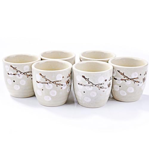 Whitenesser Japanese Ceramic Sake Cup Set of 6 - White Vintage Plum Tea Cups 1.81"