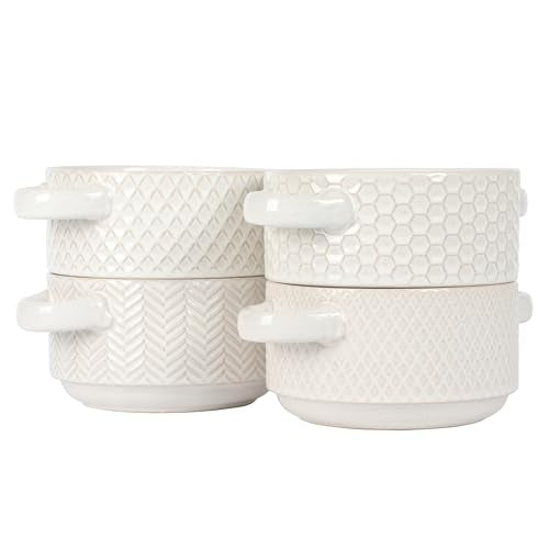 Gibson Elite Oyster Tide Embossed 6 Inch Soup Bowls with Handles. French Onion Soup Crocks, Stackable Soup Bowl, Chili, Beef Stew Reactive Glaze Stackable Ceramic Bowl, Set of 4, White
