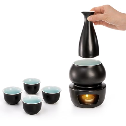 Ceramic Sake Set with Warmer - Hot & Cold Sake Drinking Kit, 7 Pieces