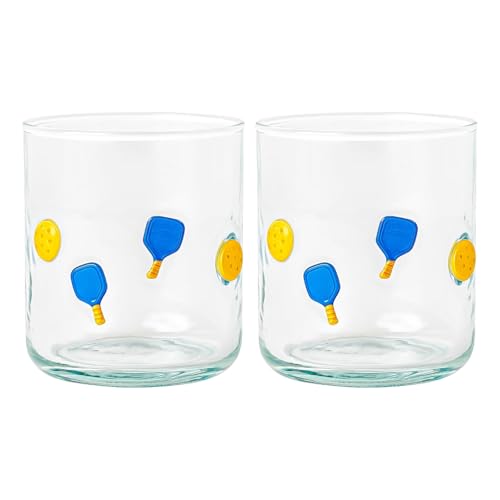 Pickleball Icon Stemless Glass Tumblers - 14.8oz Set of 2 Cocktail Glasses