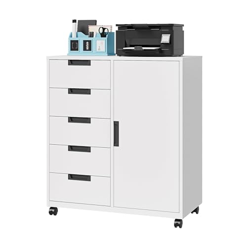5-Drawer Metal Storage Cabinet with Shelves and Mobile Printer Stand