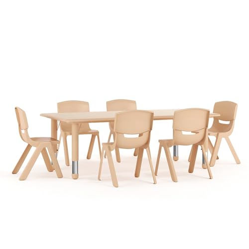 Kids Activity Table Set with 6 Chairs - Natural Finish, Adjustable Height