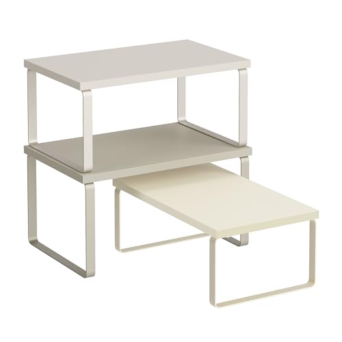 SONGMICS Cabinet Organizer Shelf, Set of 3 Kitchen Counter Shelves, Kitchen Storage, Spice Rack, Stackable, Expandable, Sand Beige UKCS220K01