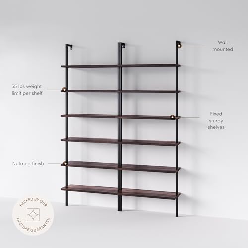 6-Tier Industrial Wall Mount Bookcase, Wood and Metal Open Shelf Set of 2