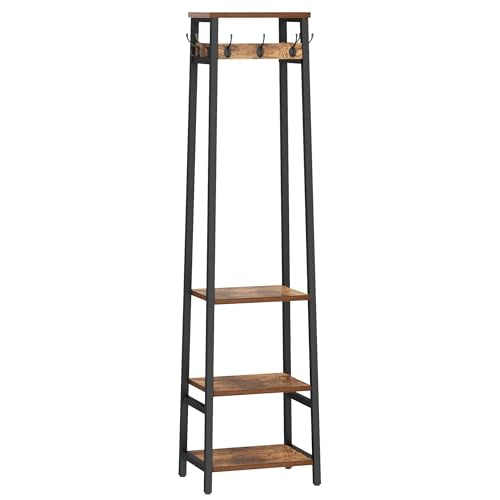 Freestanding Hall Tree with 3 Shelves and 7 Hooks, Industrial Coat Rack
