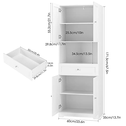 Tall Bathroom Storage Cabinet with Drawer and Shelves, 67-Inch White Linen Tower