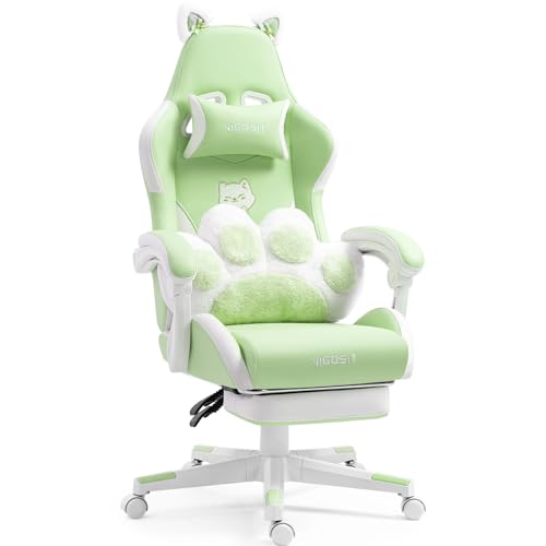 Ergonomic Cat Ear Gaming Chair with Footrest and Lumbar Support - Green