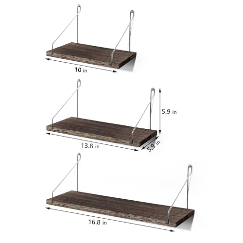 Rustic Wood Floating Wall Shelves - Set of 3 No-Drill Display Racks