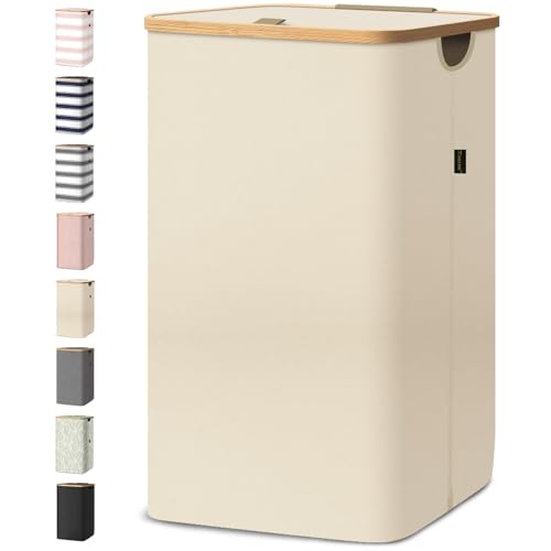Large Laundry Hamper with Lid and Bamboo Handles, 100L Tall Laundry Basket