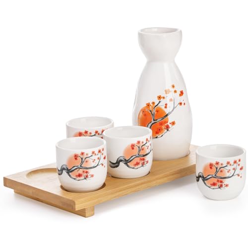 Tosnail 5-Inch Ceramic Japanese Sake Set with Carafe, 4 Cups & Bamboo Tray – Orange Blossom, 1 Serving