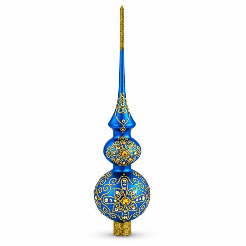 Golden Swirls on Blue 16-Inch Glass Christmas Tree Topper