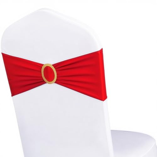 50-Pack Red Spandex Chair Sashes with Gold Buckles - Stretch Chair Bands