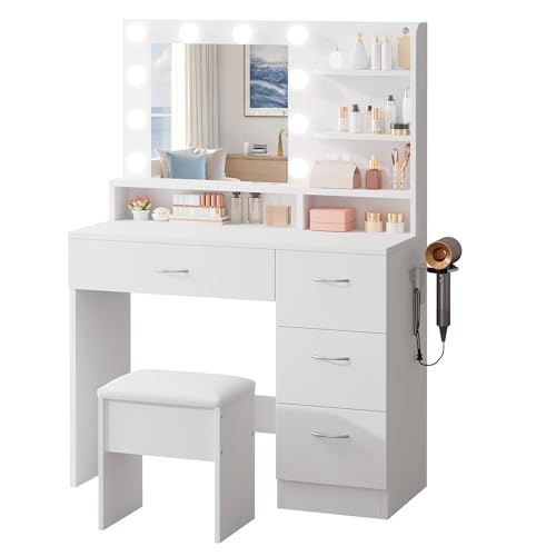 White Makeup Vanity Desk with Lighted Mirror, Charging Station & Stool