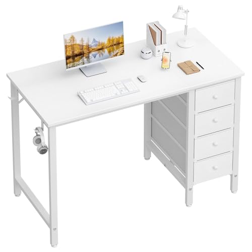 Small White Computer Desk with 4 Fabric Drawers, 40-Inch Writing Table