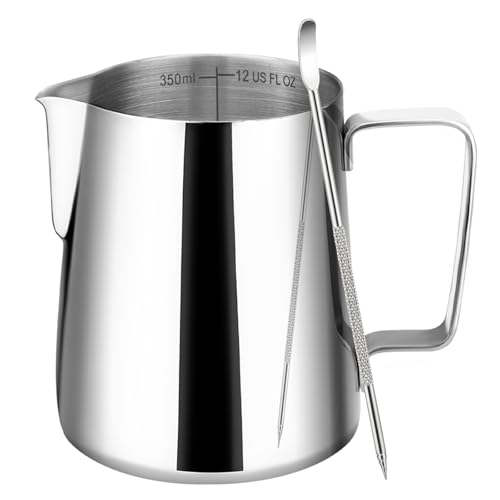 Stainless Steel Milk Frothing Pitcher 12oz with Latte Art Pen & Scale