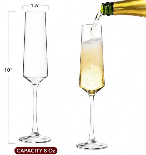 Set of 6 Hand Blown Crystal Champagne Flutes - 8oz Elegant Stemware Gift