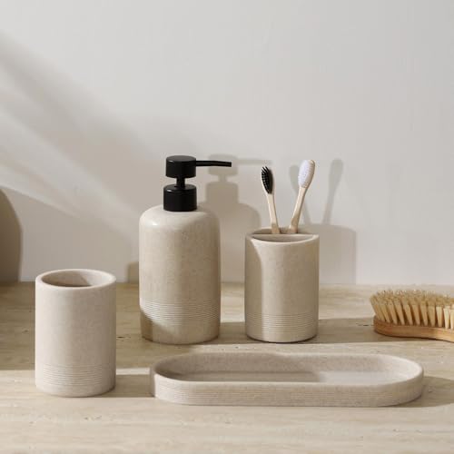 4-Piece Modern Resin Bathroom Accessory Set, Beige Sandstone Look