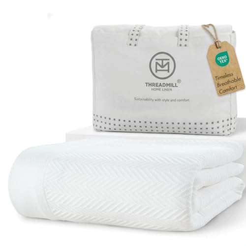 Threadmill 100% Cotton Queen Blanket - All-Season Herringbone Weave, White