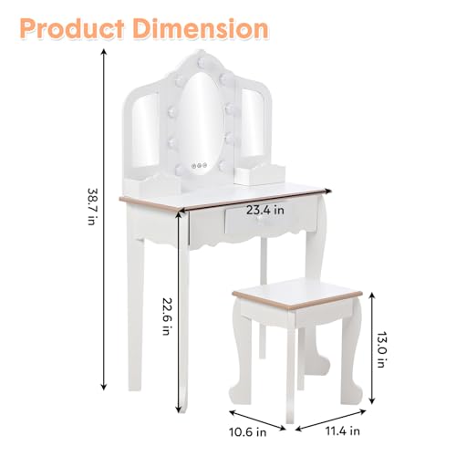 Kids Vanity Table Set with Tri-Fold Lighted Mirror and Stool, White