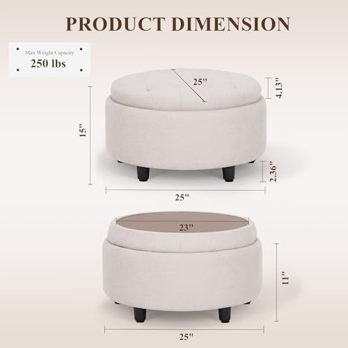 Round Fabric Storage Ottoman with Reversible Tray Lid, Beige