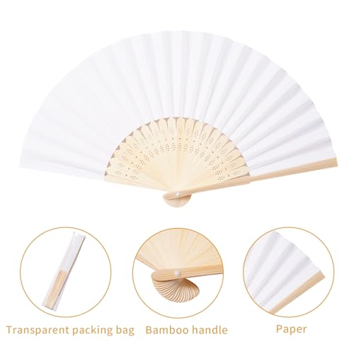 50-Pack White Bamboo Paper Folding Fans for Weddings and DIY Crafts
