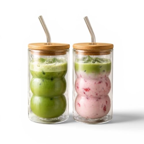 Ribbed Glass Cups with Bamboo Lids and Straws - 16oz Set of 2