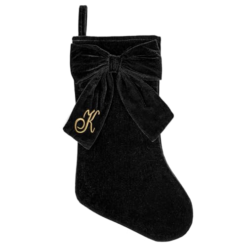 Black Velvet Christmas Stockings with Personalized Monogram & Elegant Bow - 19 Inch Holiday Decor