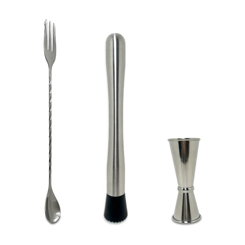 Stainless Steel Cocktail Muddler & Bar Spoon Set with Measuring Jigger