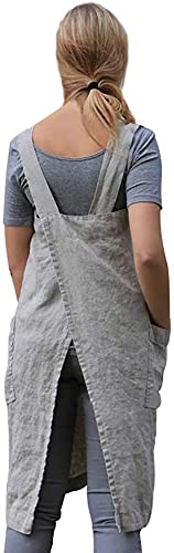 Cotton Linen Cross Back Apron with Pockets for Cooking and Baking