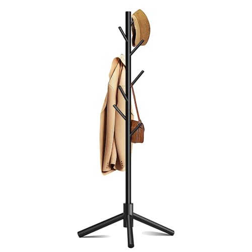 8-Hook Freestanding Coat Rack, Adjustable Height Solid Wood Coat Tree