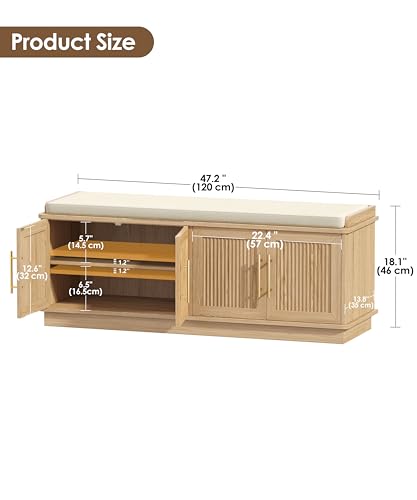 47-inch Fluted Shoe Storage Bench with Padded Cushion and Adjustable Shelves