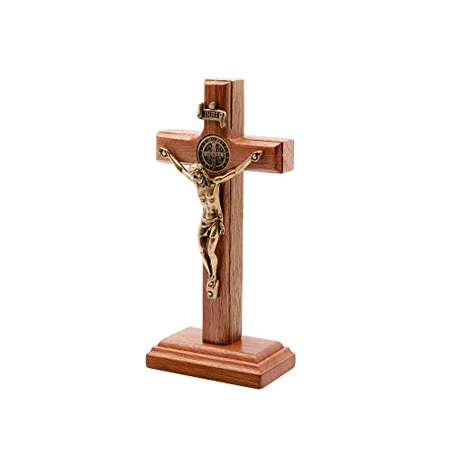 5-Inch Solid Walnut Wood Crucifix with Saint Benedict Medal - Antique Gold