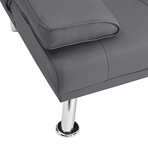 Convertible Faux Leather Futon Sofa Bed with Cupholders and Armrests