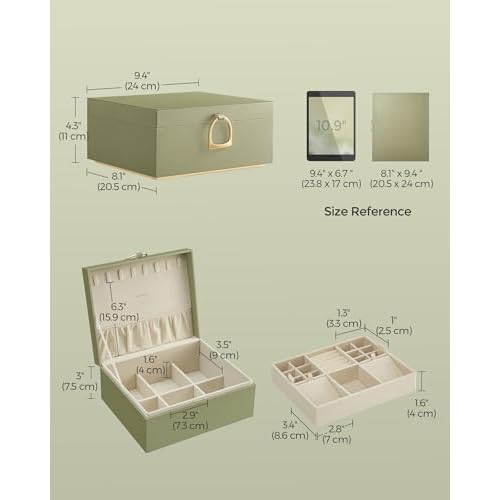 SONGMICS 2-Layer Jewelry Box, Jewelry Organizer with Handle, Removable Jewelry Tray, Jewelry Storage, Floating Effect, 8.1 x 9.4 x 4.3 Inches, Christmas Gift, Laurel Green UJBC165C02