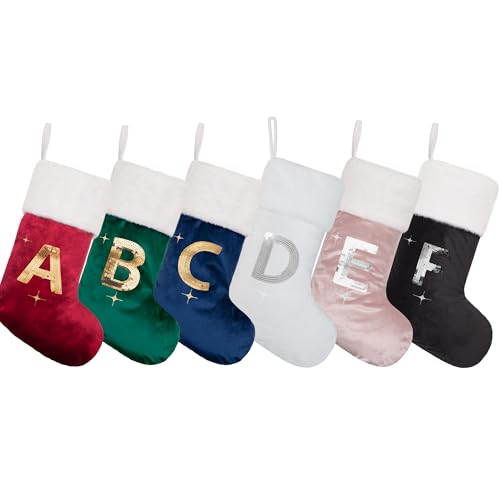 BHD Beauty Initial Green Velvet Silver Sequin Stocking with Monogram Letter C – 20-Inch Christmas Decoration