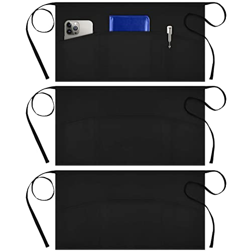 3-Pack Server Waist Apron with 3 Pockets, Adjustable Black Work Apron