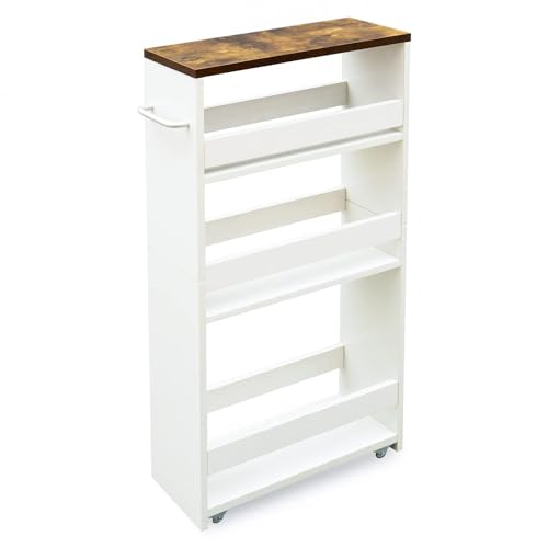 4-Tier Slim Rolling Storage Cart, 5.5" Narrow Wood Organizer on Wheels