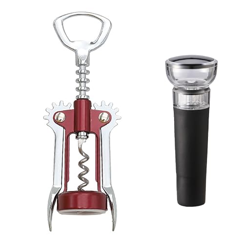 HuaHengHT Zinc Alloy Wing Corkscrew Wine Opener with Vacuum Stopper - Multi-Purpose Bottle Opener for Wine, Beer & Soft Drinks
